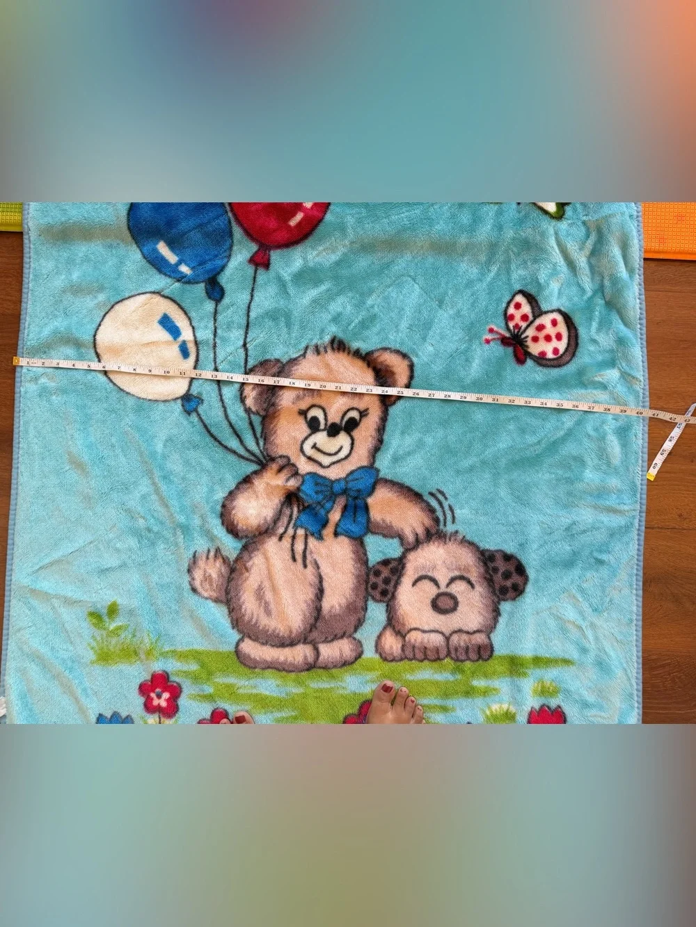 Vintage Baby Blanket Teddy Bear Balloons Puppy Dog Butterfly Blue Plush Lg 52x42
